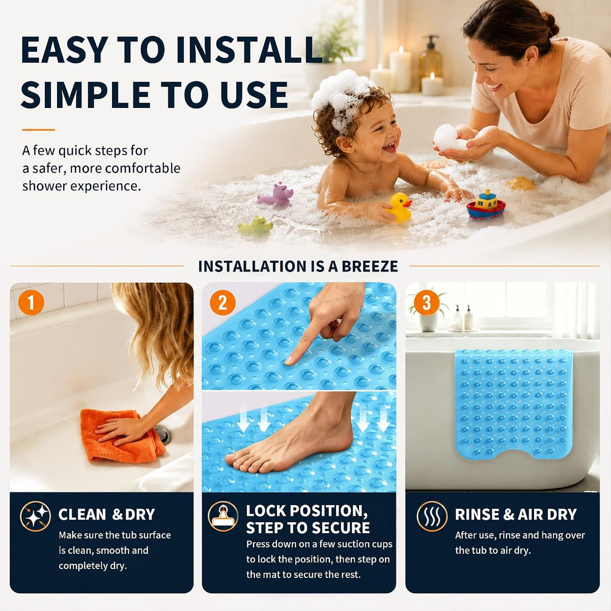 Non Slip Bathtub Mat 40x16, Extra Long Bath Mat for Tub, Clear Grey