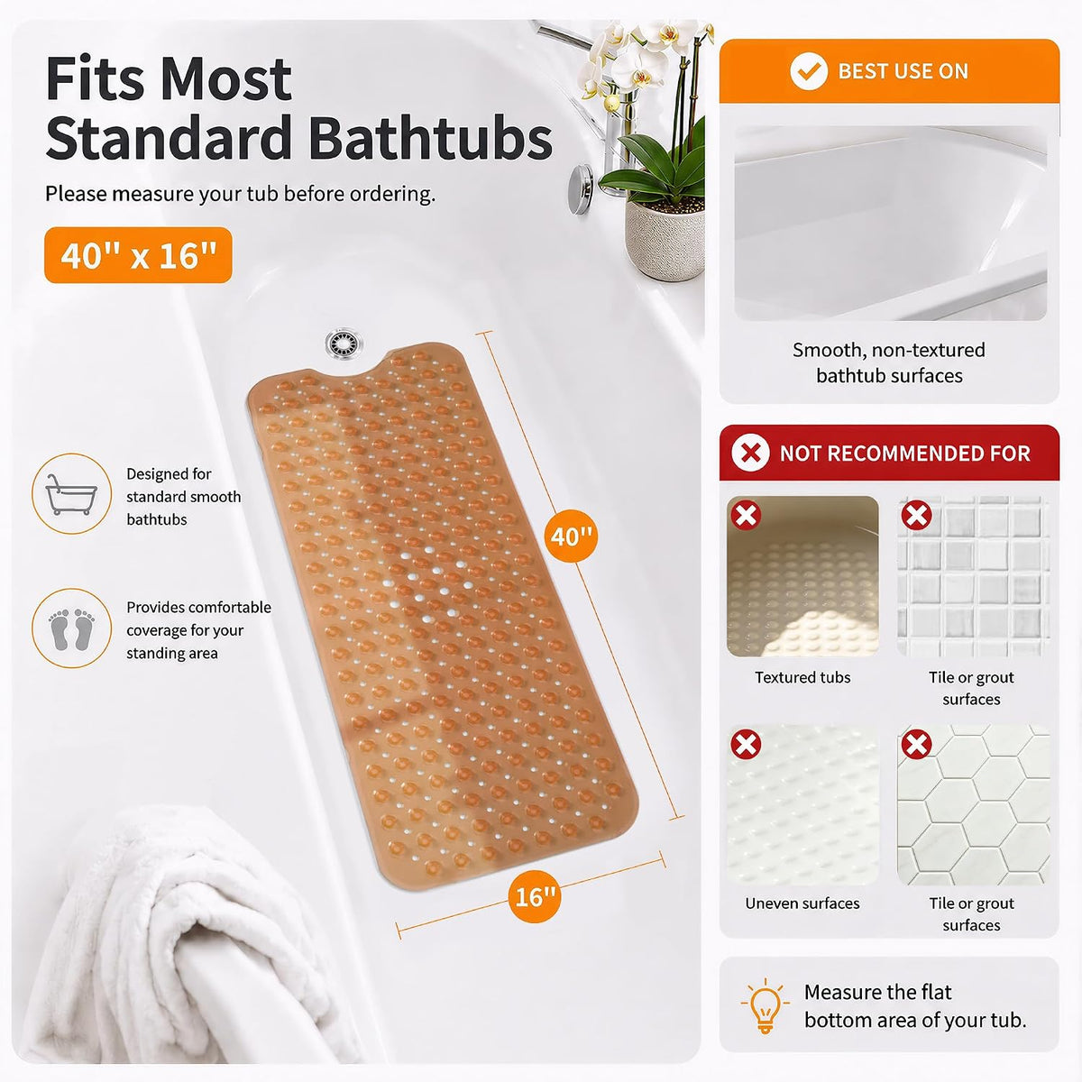 Non Slip Bathtub Mat 40x16, Extra Long Bath Mat for Tub, Clear Grey
