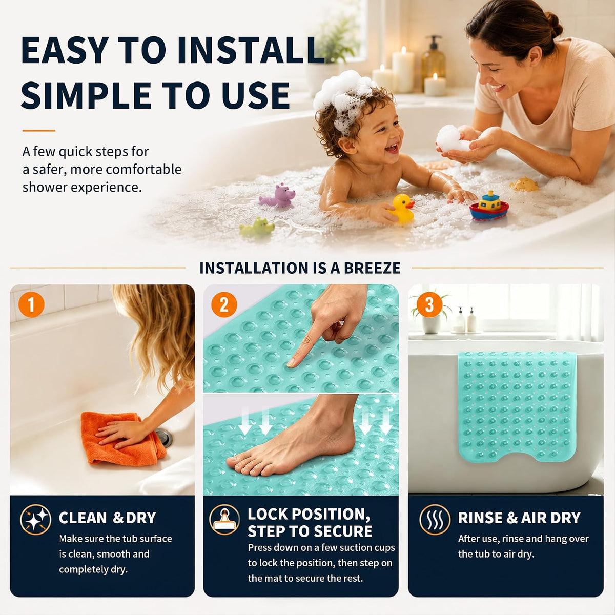 Non Slip Bathtub Mat 40x16, Extra Long Bath Mat for Tub, Clear Grey