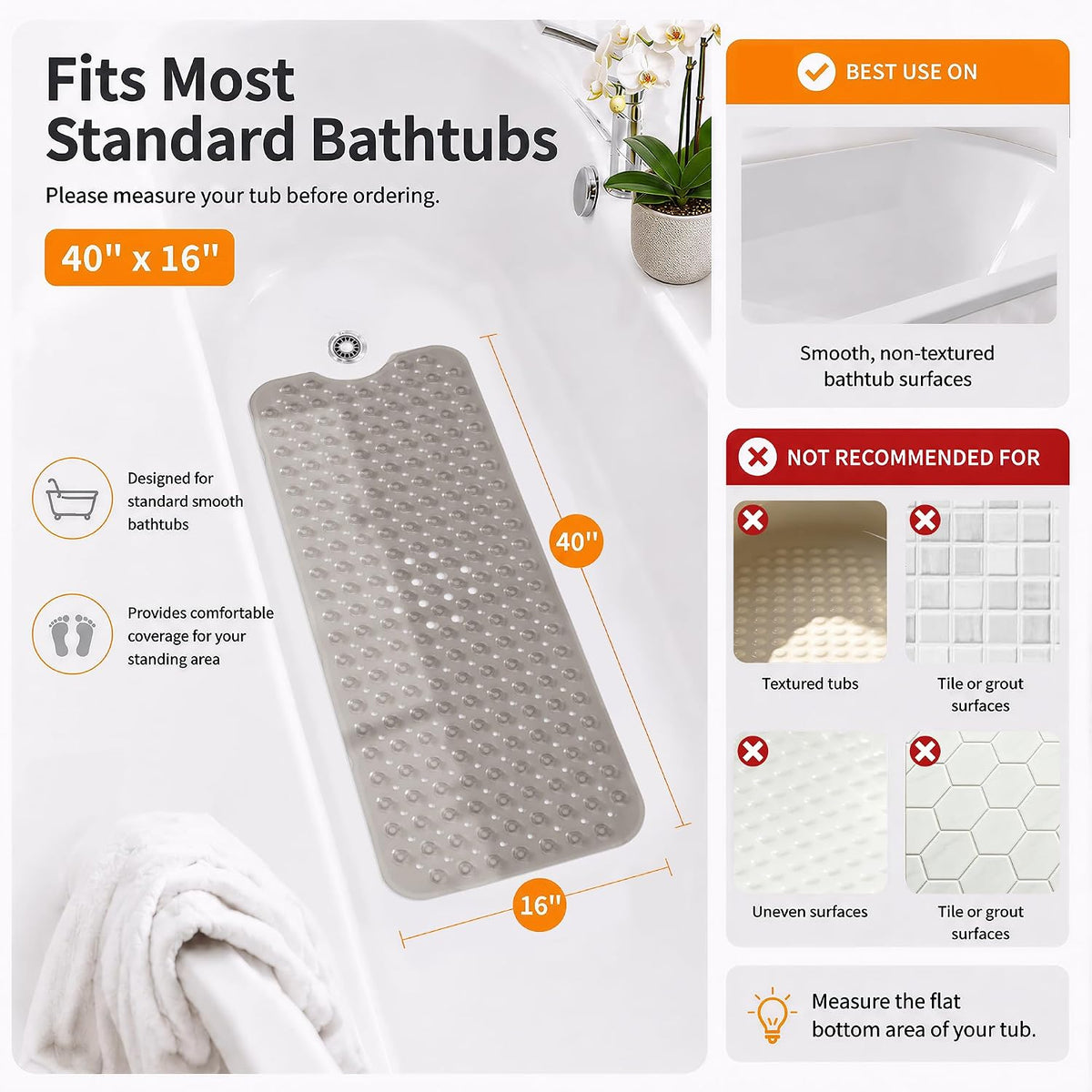 Non Slip Bathtub Mat 40x16, Extra Long Bath Mat for Tub, Clear Grey