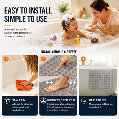 Non Slip Bathtub Mat 40x16, Extra Long Bath Mat for Tub, Clear Grey