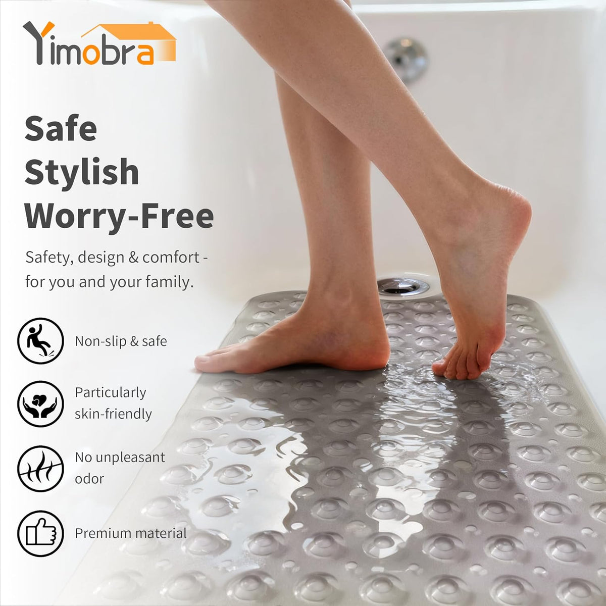Non Slip Bathtub Mat 40x16, Extra Long Bath Mat for Tub, Clear Grey