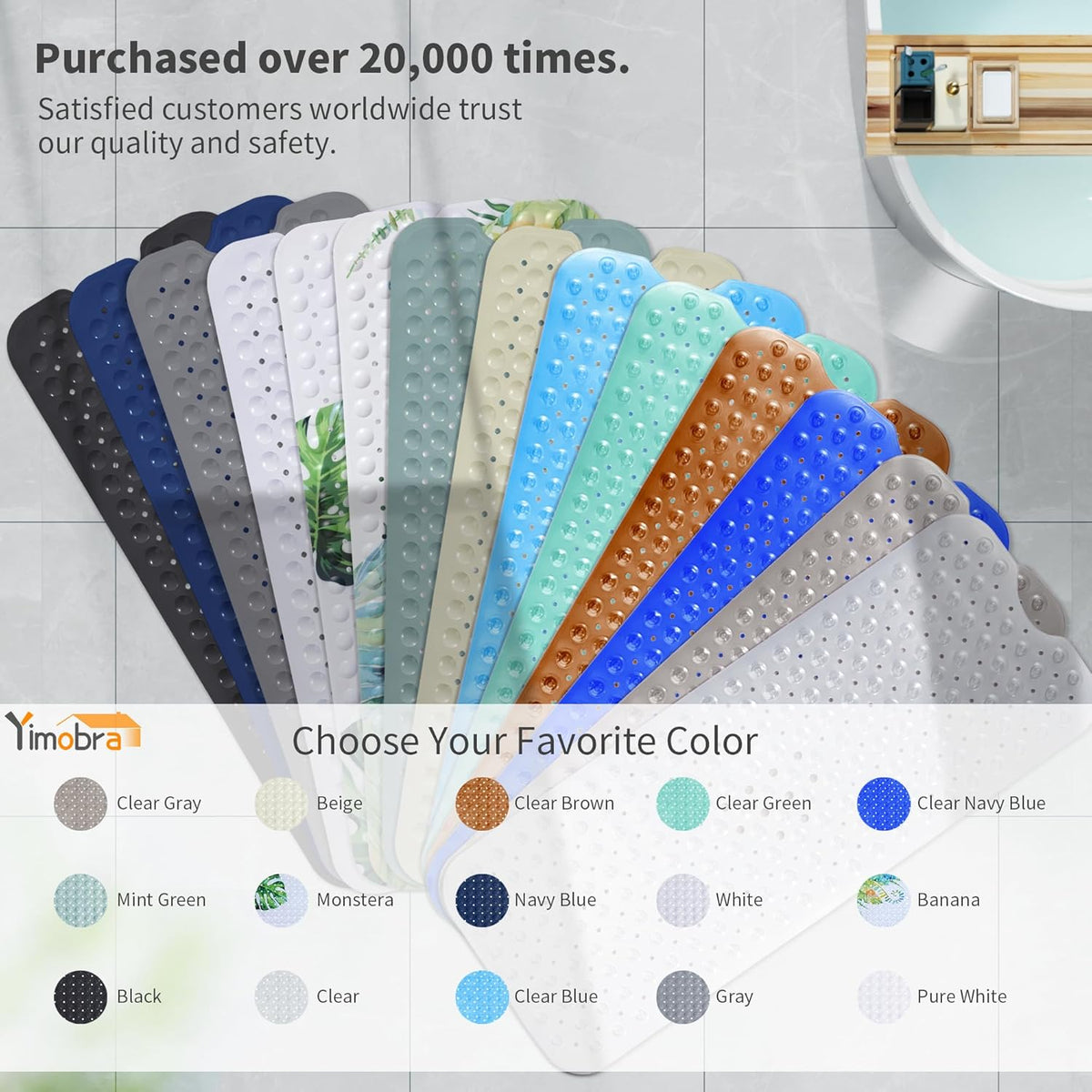 Non Slip Bathtub Mat 40x16, Extra Long Bath Mat for Tub, Clear Grey