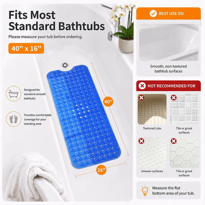 Non Slip Bathtub Mat 40x16, Extra Long Bath Mat for Tub, Clear Grey