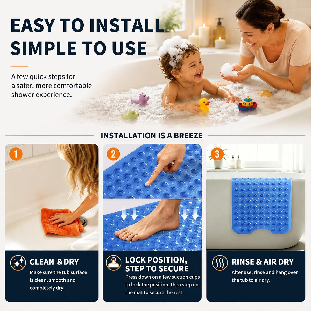 Non Slip Bathtub Mat 40x16, Extra Long Bath Mat for Tub, Clear Grey