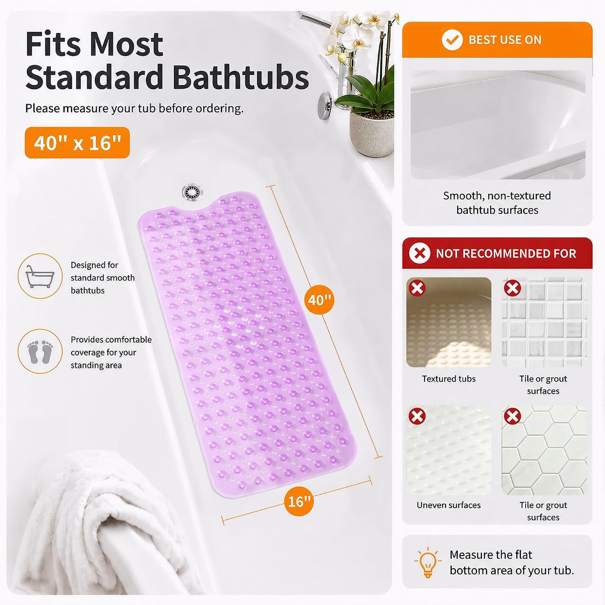 Non Slip Bathtub Mat 40x16, Extra Long Bath Mat for Tub, Clear Grey