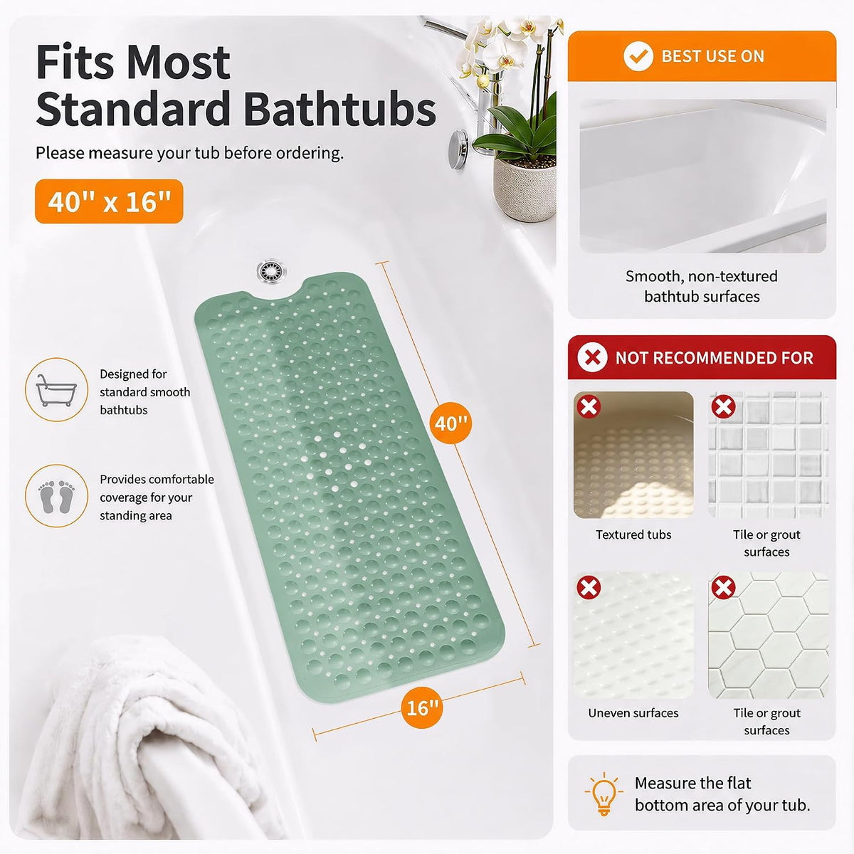 Non Slip Bathtub Mat 40x16, Extra Long Bath Mat for Tub, Clear Grey