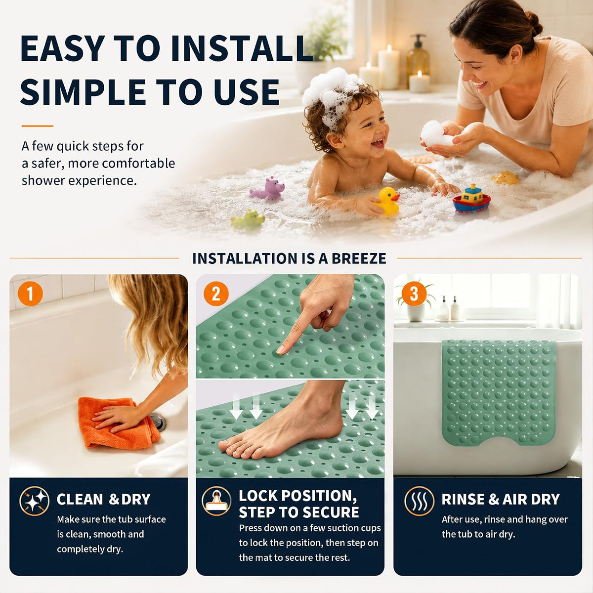 Non Slip Bathtub Mat 40x16, Extra Long Bath Mat for Tub, Clear Grey