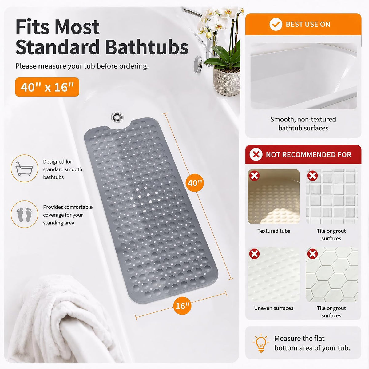 Non Slip Bathtub Mat 40x16, Extra Long Bath Mat for Tub, Clear Grey