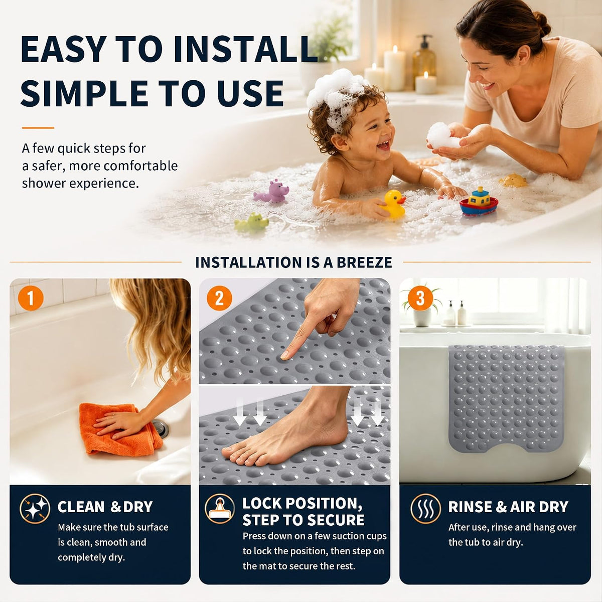Non Slip Bathtub Mat 40x16, Extra Long Bath Mat for Tub, Clear Grey