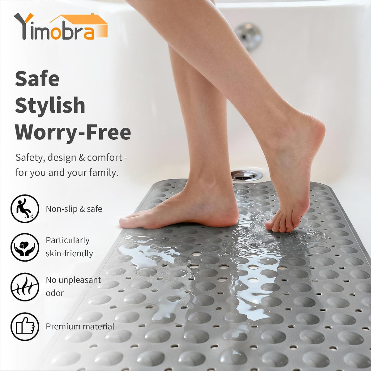 Non Slip Bathtub Mat 40x16, Extra Long Bath Mat for Tub, Clear Grey