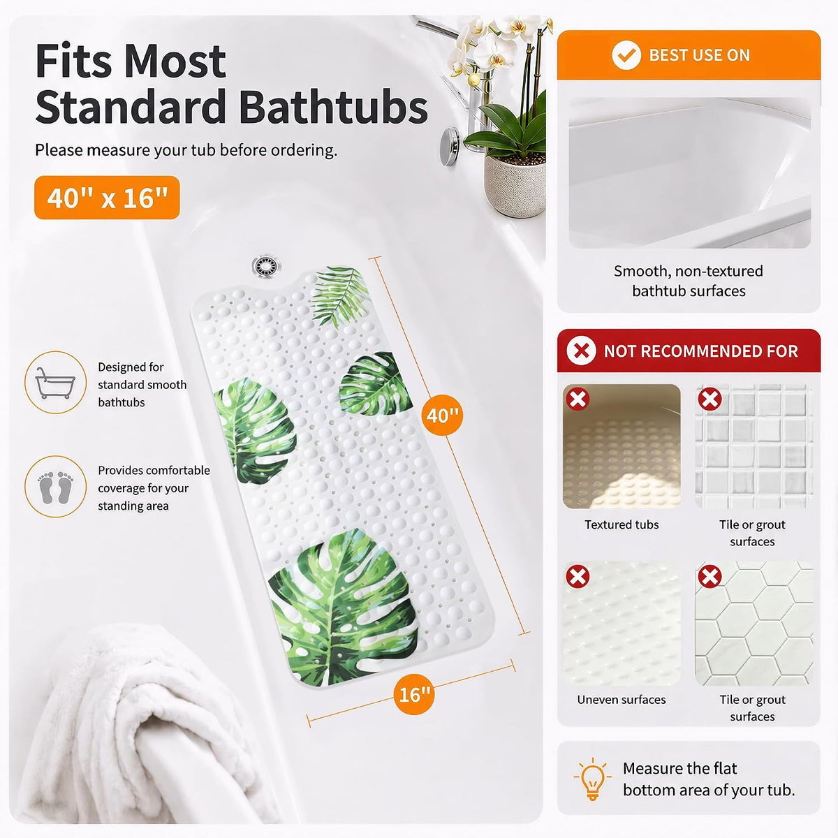 Non Slip Bathtub Mat 40x16, Extra Long Bath Mat for Tub, Clear Grey