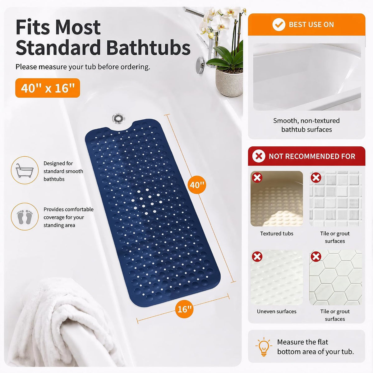 Non Slip Bathtub Mat 40x16, Extra Long Bath Mat for Tub, Clear Grey
