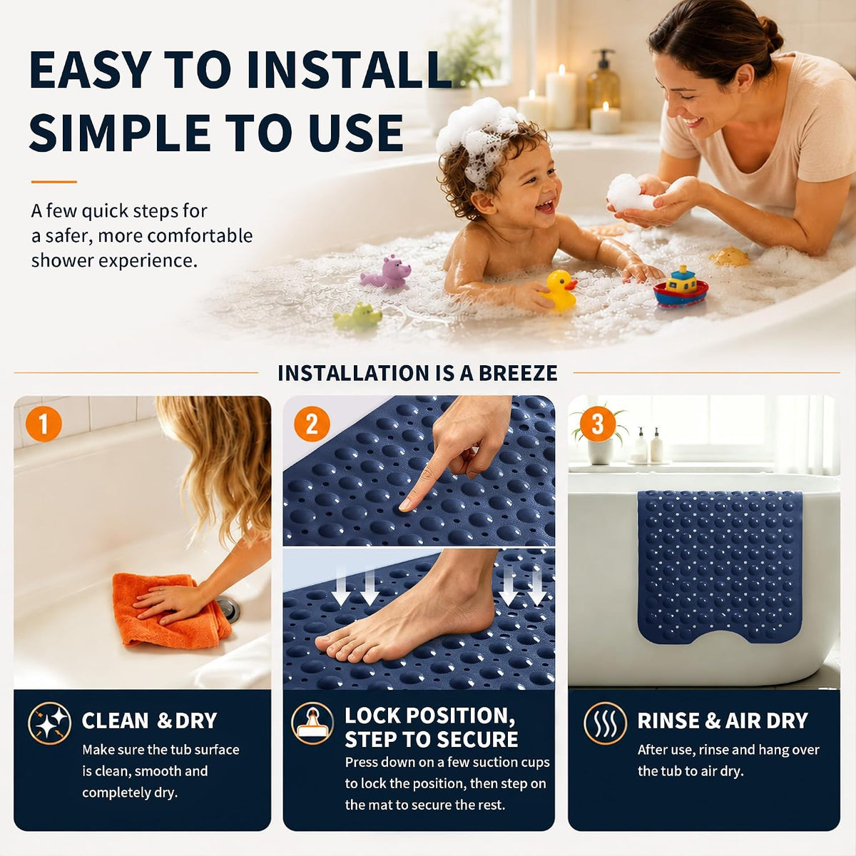 Non Slip Bathtub Mat 40x16, Extra Long Bath Mat for Tub, Clear Grey
