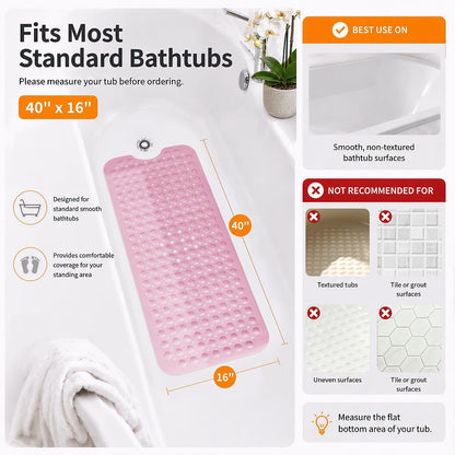 Non Slip Bathtub Mat 40x16, Extra Long Bath Mat for Tub, Clear Grey