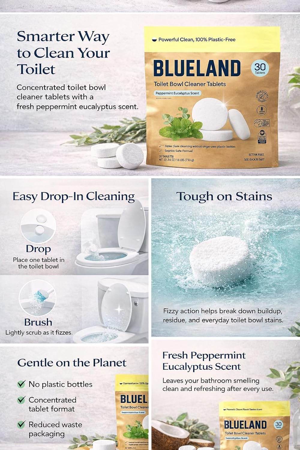 Toilet Bowl Cleaner Tablets. Peppermint Eucalyptus Scent. 30 Tablets.