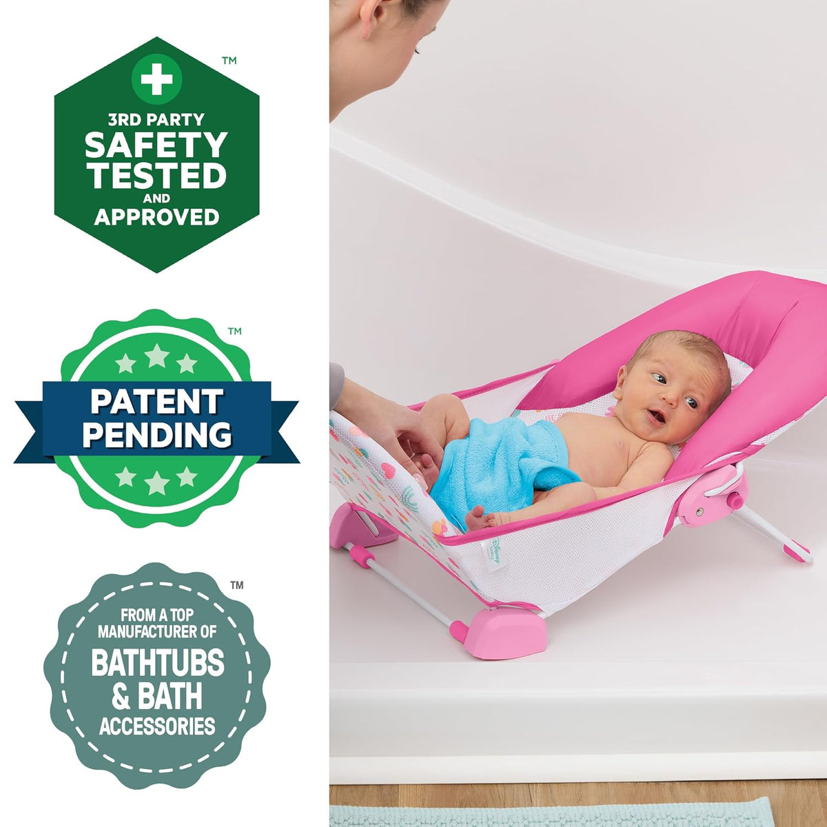 Disney Baby Minnie Mouse Foldaway 2-Position Baby Bath Seat, Adjustable Support for Sink or Bathtub, Ages 0-6 Months up to 20 Pounds, Machine-Washable Sling