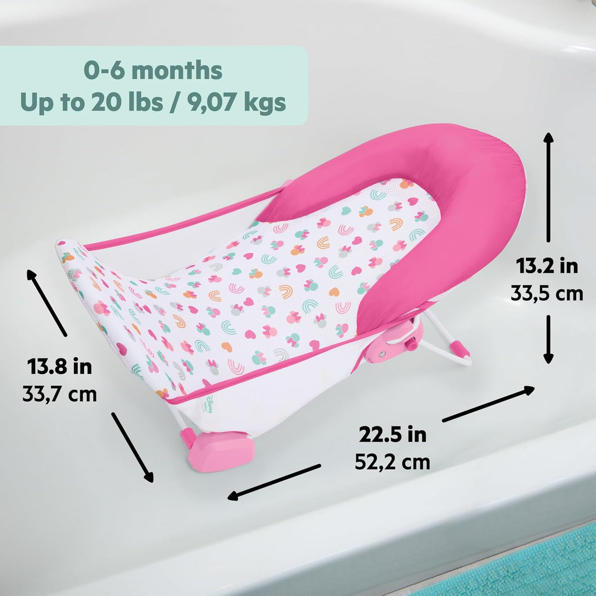 Disney Baby Minnie Mouse Foldaway 2-Position Baby Bath Seat, Adjustable Support for Sink or Bathtub, Ages 0-6 Months up to 20 Pounds, Machine-Washable Sling