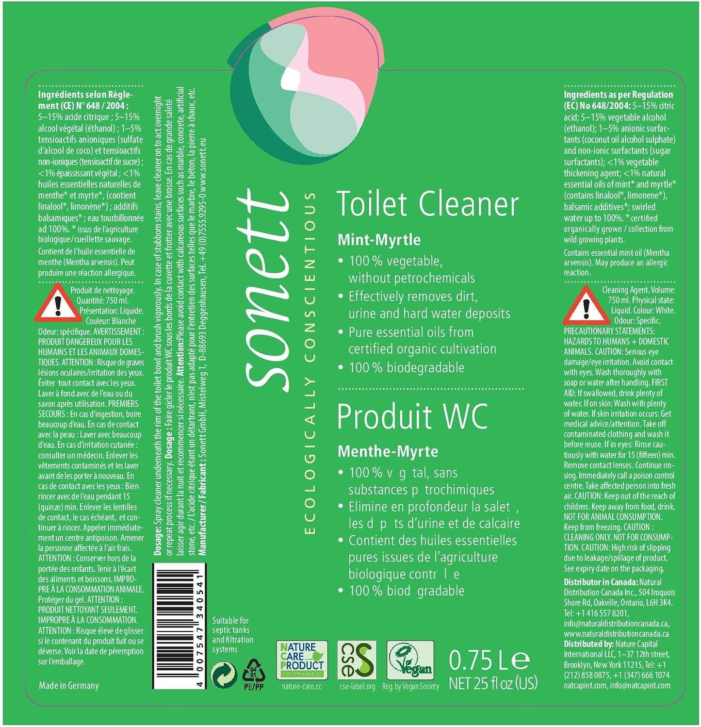 Sonett Organic Toilet Cleaner Mint-Myrtle,(25fl Oz/ 750ml) Effectively removes dirt, urine and hard water deposits.Pure essential oils from certified organic cultivation.