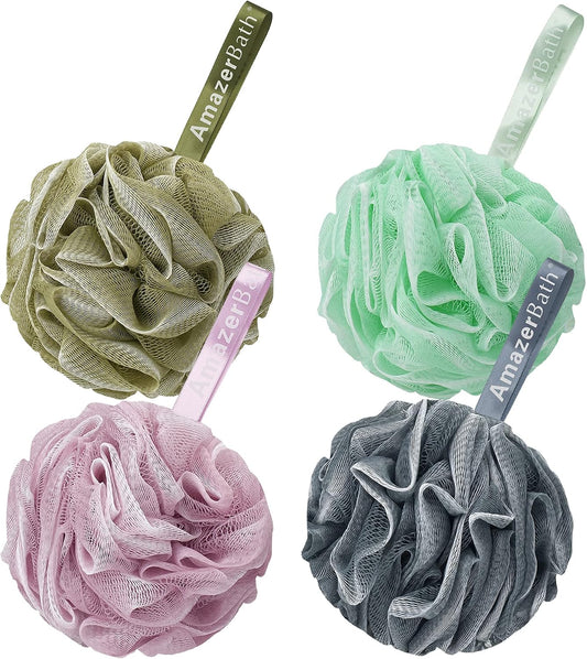 Loofah Sponge 75g/Piece, Exfoliating Bath Sponge Body Scrubber - Loofa Set of 4 Flower Color (Large, Green-Purple)