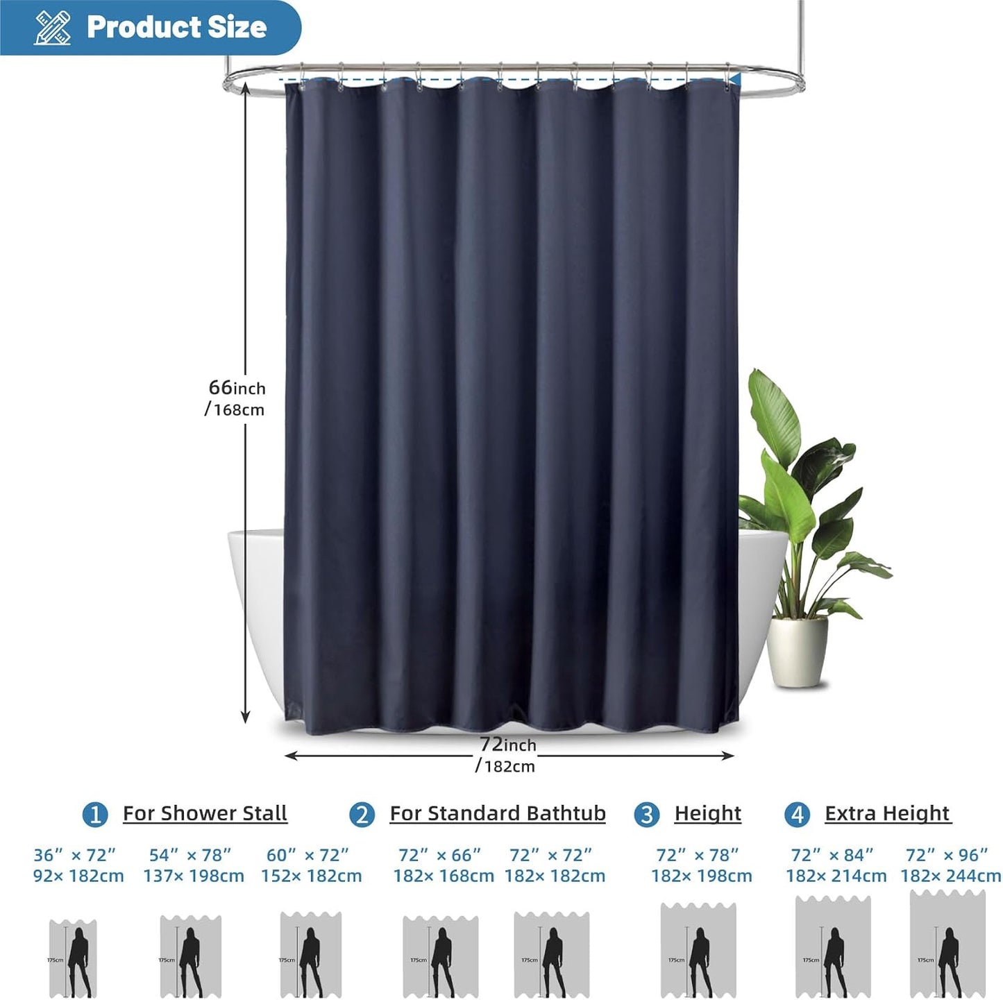 1 Pack Water-Repellent Fabric Shower Curtain Liner, 72x72 White