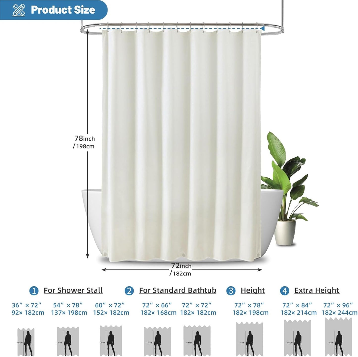 1 Pack Water-Repellent Fabric Shower Curtain Liner, 72x72 White