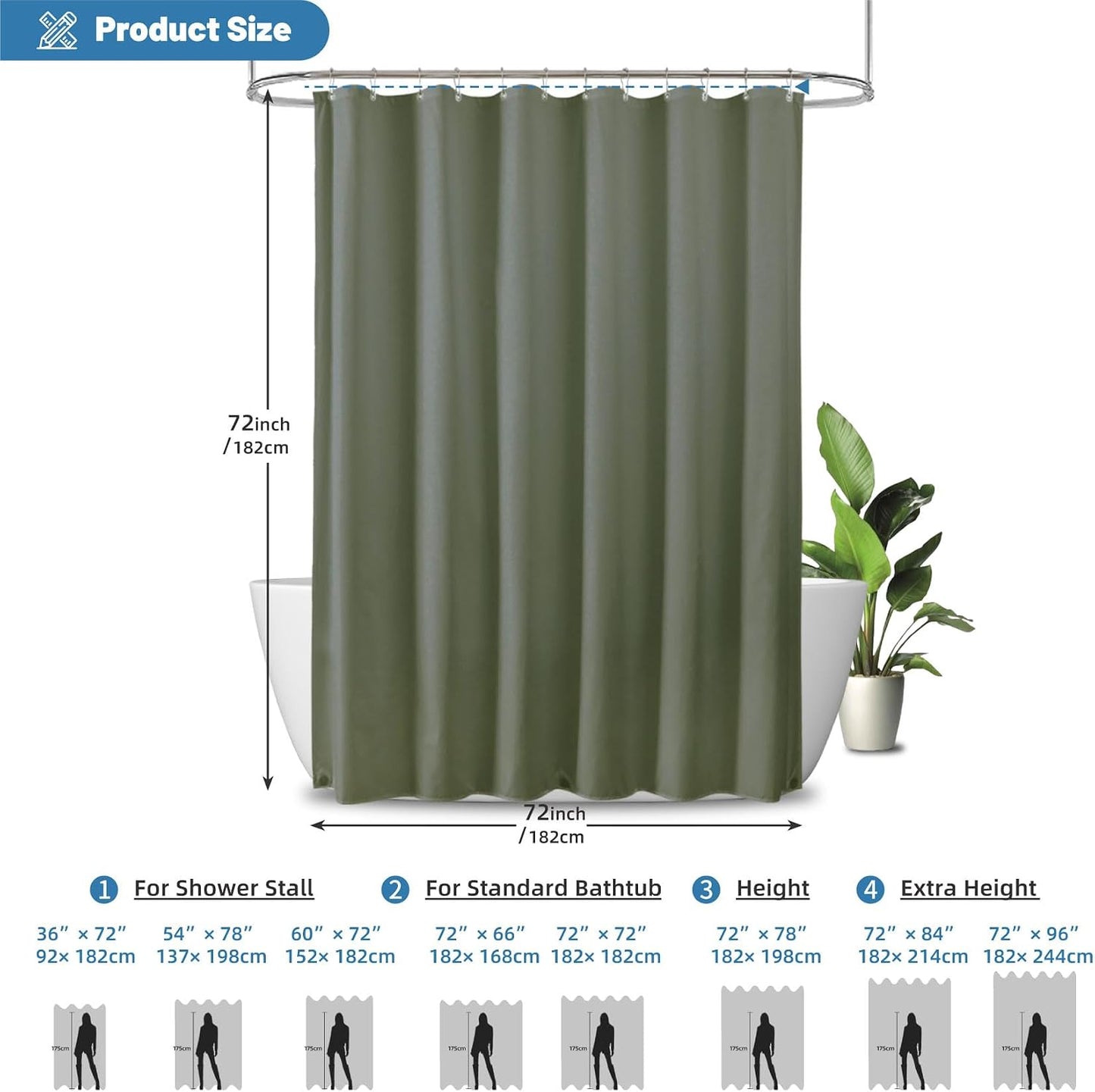 1 Pack Water-Repellent Fabric Shower Curtain Liner, 72x72 White