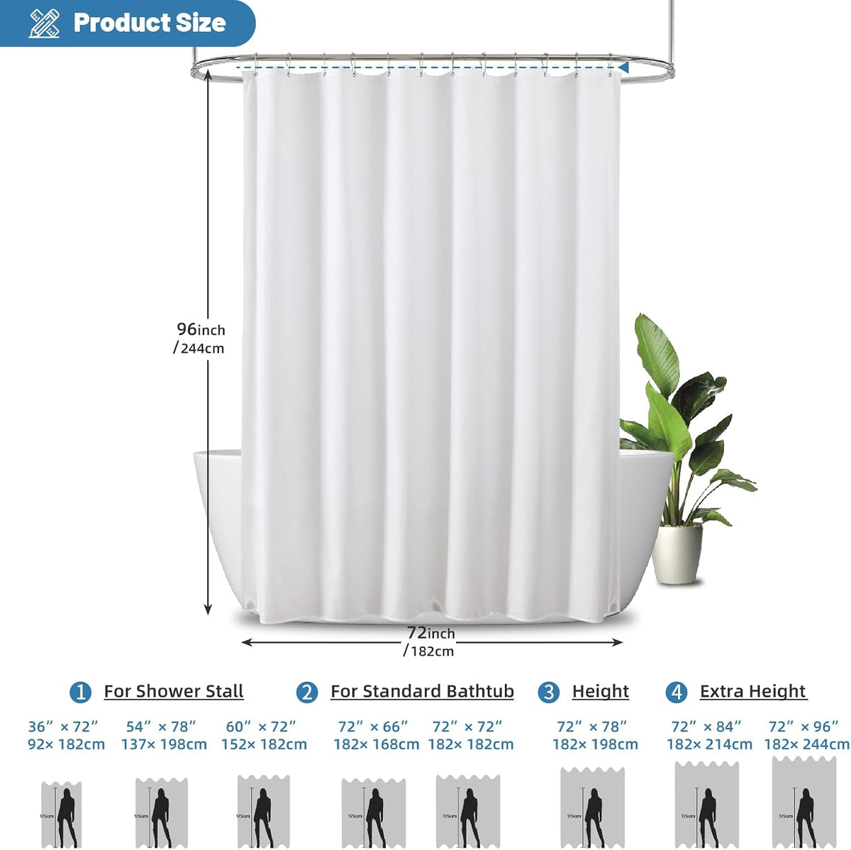 1 Pack Water-Repellent Fabric Shower Curtain Liner, 72x72 White