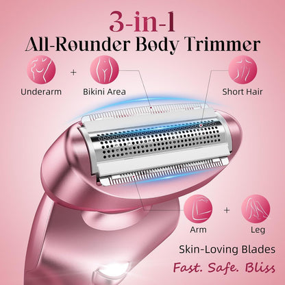 Cordless Electric Razor for Women: IPX7 & LED Display | 3-in-1 for Face/Underarm/Leg - Rechargeable & Painless Bikini Trimmer - Waterproof & Lightweight Travel Design