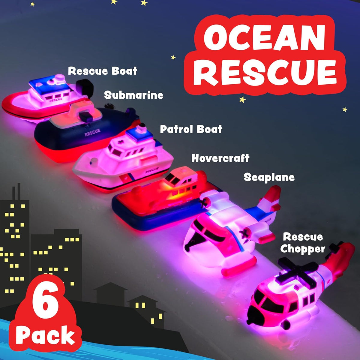 ® Ocean Rescue™ Vehicles Light Up Bath Toys, 6 Pack | Water-Activated Light Up Toys Flash & Change Color | Easy-Grip Baby & Toddler Bath Toys | Sensory Toys with Bath Lights for Kids Bath