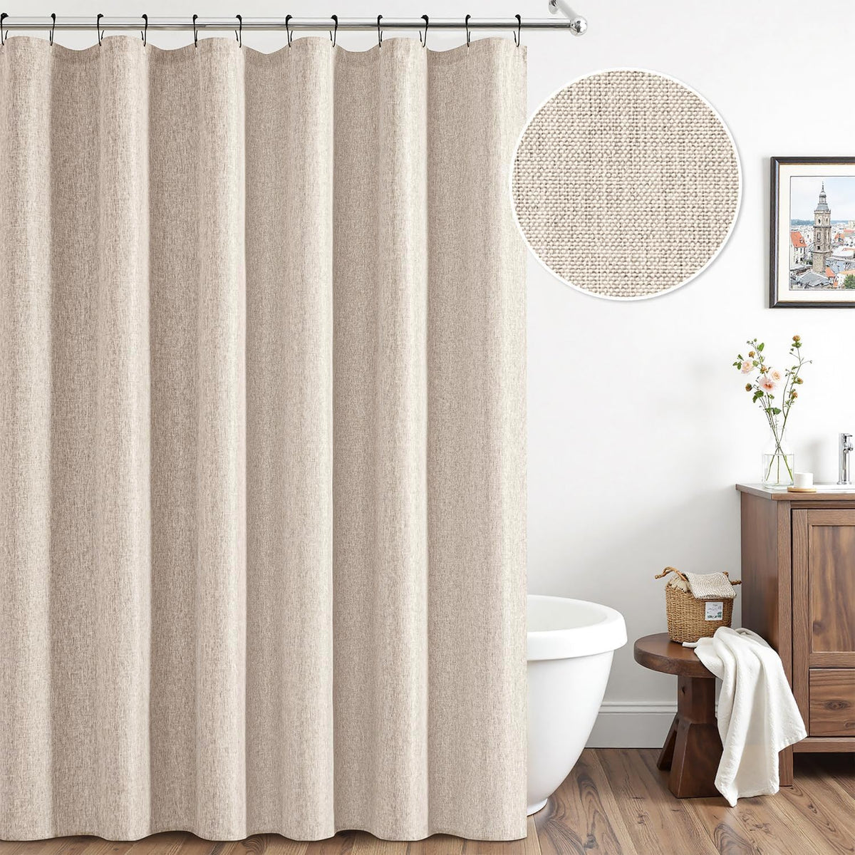 Cream Beige Linen Textured Fabric Shower Curtain Set - W72xL72