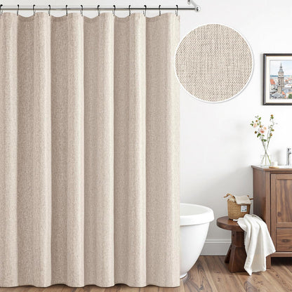 Cream Beige Linen Textured Fabric Shower Curtain Set - W72xL72