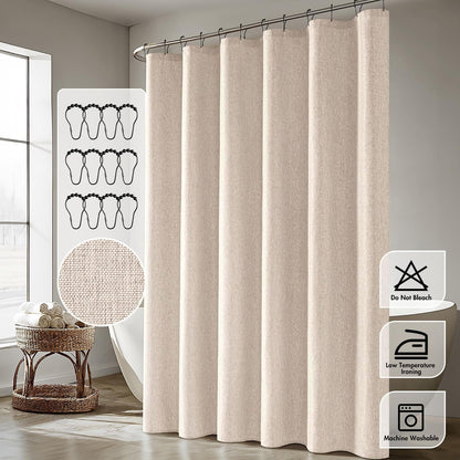 Cream Beige Linen Textured Fabric Shower Curtain Set - W72xL72