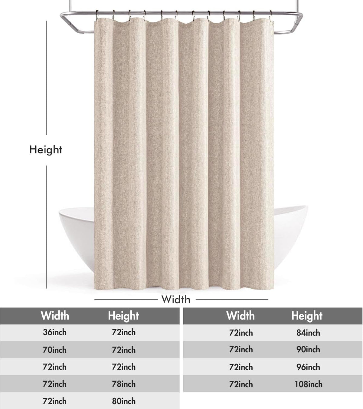 Cream Beige Linen Textured Fabric Shower Curtain Set - W72xL72