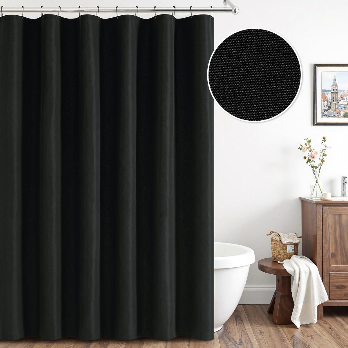 Cream Beige Linen Textured Fabric Shower Curtain Set - W72xL72