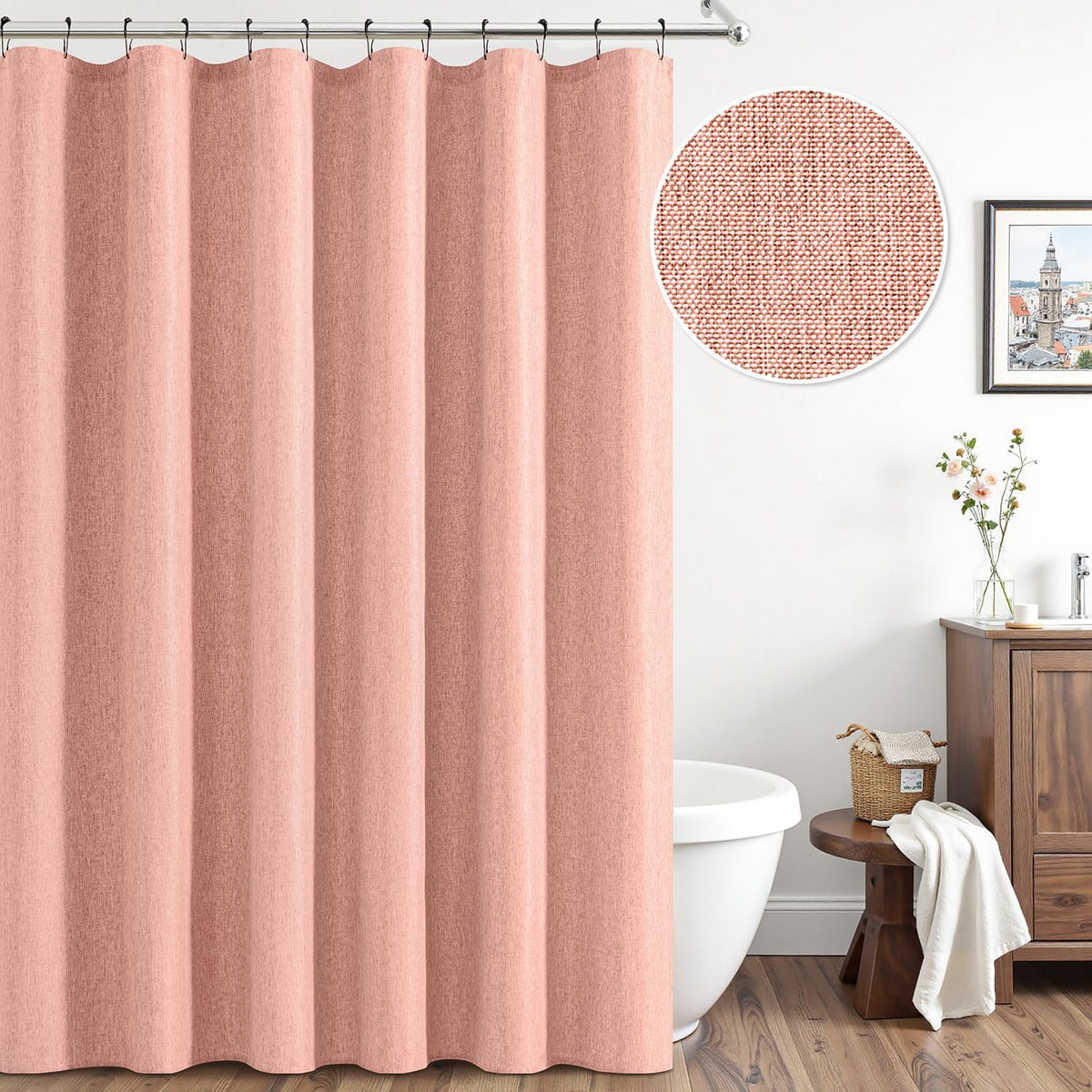 Cream Beige Linen Textured Fabric Shower Curtain Set - W72xL72