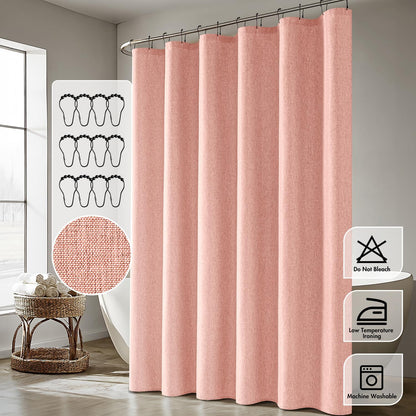 Cream Beige Linen Textured Fabric Shower Curtain Set - W72xL72