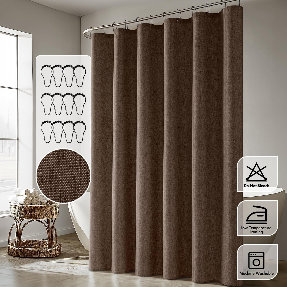 Cream Beige Linen Textured Fabric Shower Curtain Set - W72xL72
