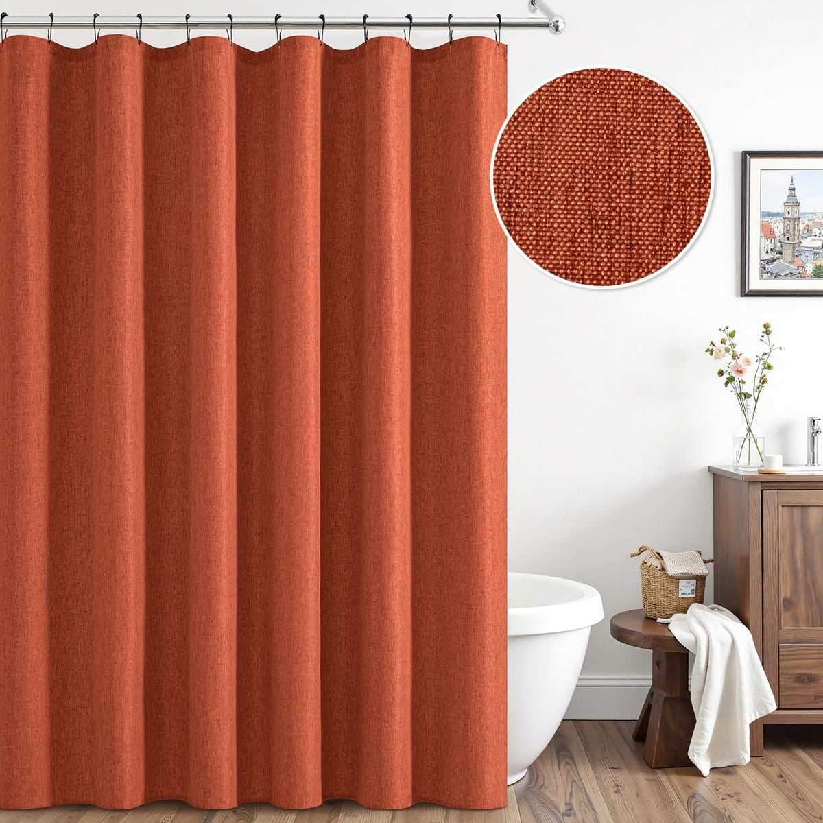 Cream Beige Linen Textured Fabric Shower Curtain Set - W72xL72