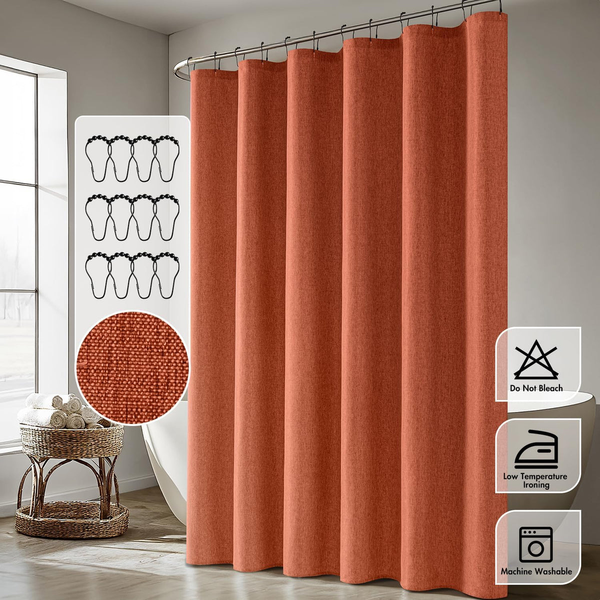 Cream Beige Linen Textured Fabric Shower Curtain Set - W72xL72