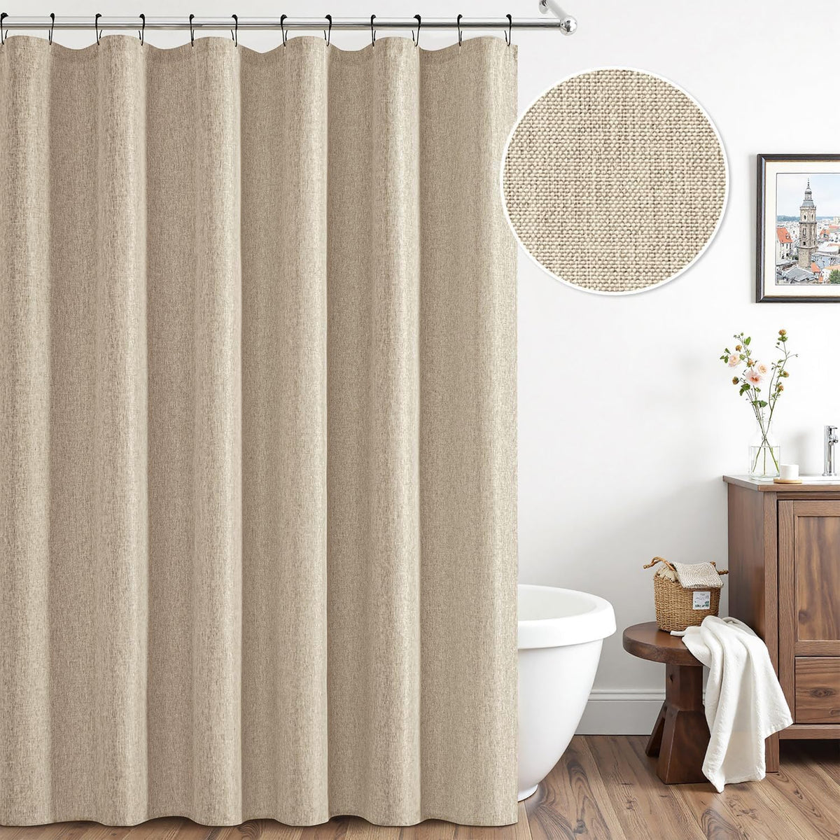 Cream Beige Linen Textured Fabric Shower Curtain Set - W72xL72