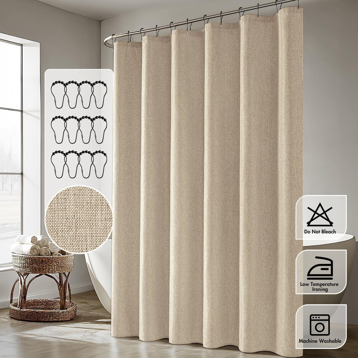 Cream Beige Linen Textured Fabric Shower Curtain Set - W72xL72