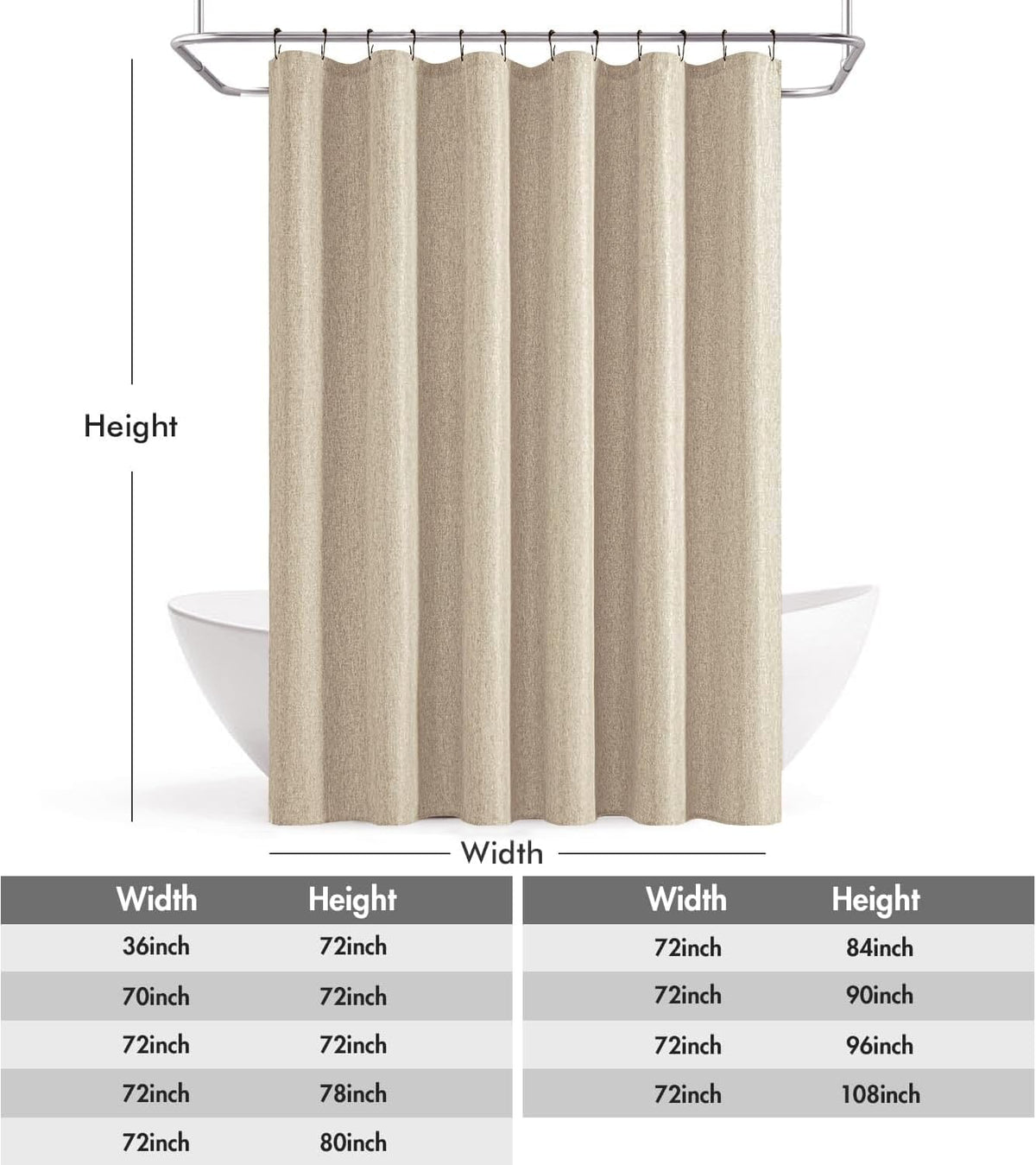 Cream Beige Linen Textured Fabric Shower Curtain Set - W72xL72