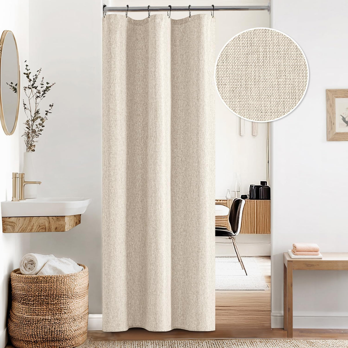 Cream Beige Linen Textured Fabric Shower Curtain Set - W72xL72