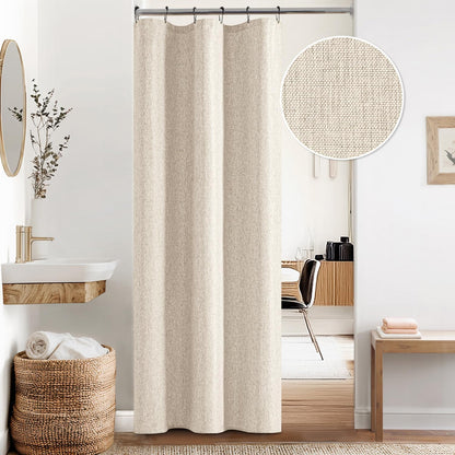 Cream Beige Linen Textured Fabric Shower Curtain Set - W72xL72