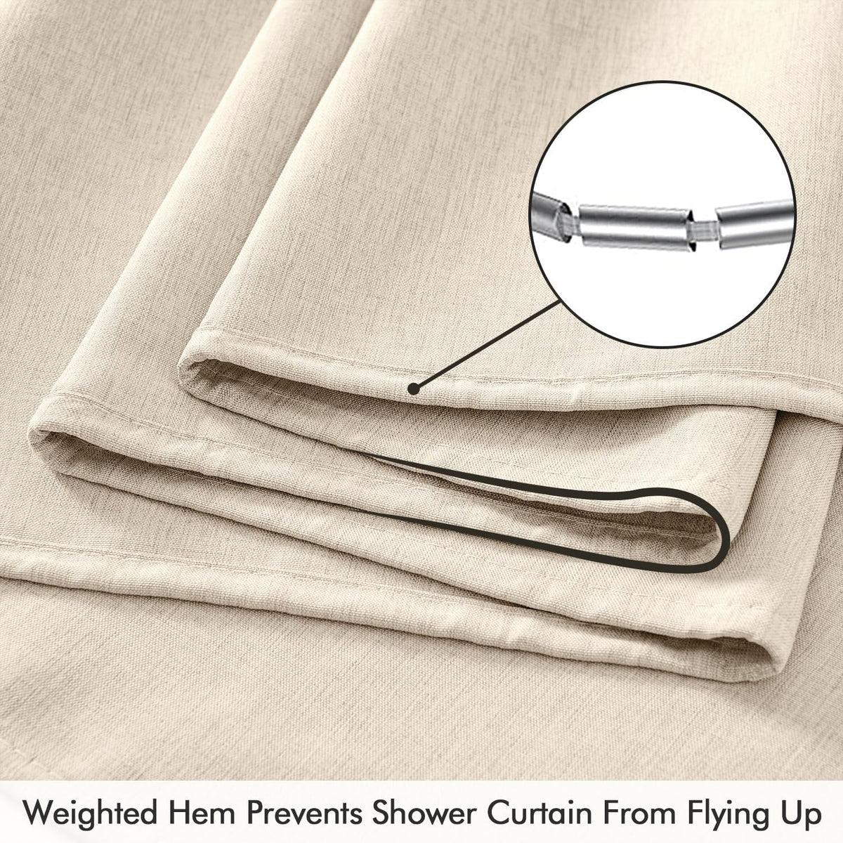 Cream Beige Linen Textured Fabric Shower Curtain Set - W72xL72