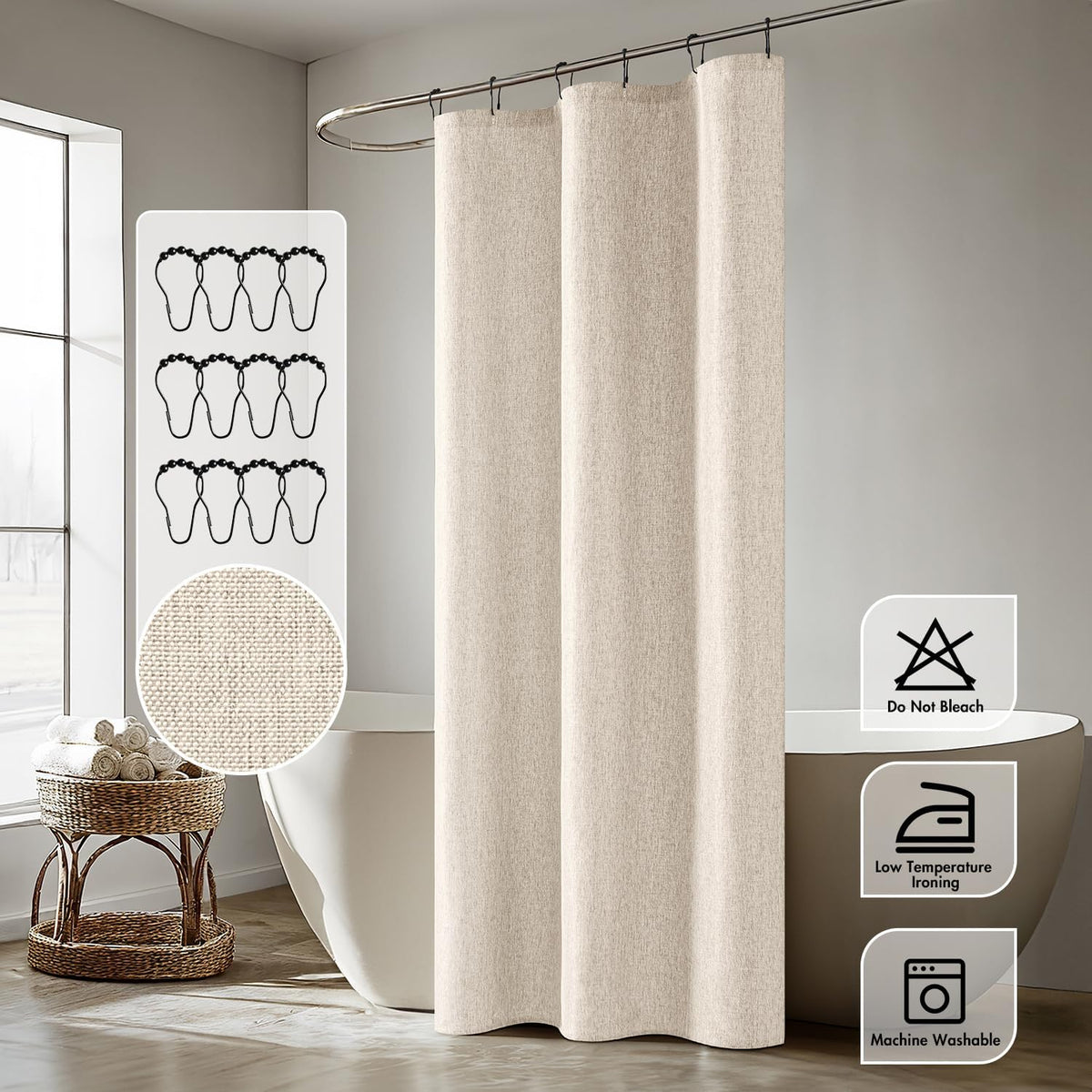Cream Beige Linen Textured Fabric Shower Curtain Set - W72xL72