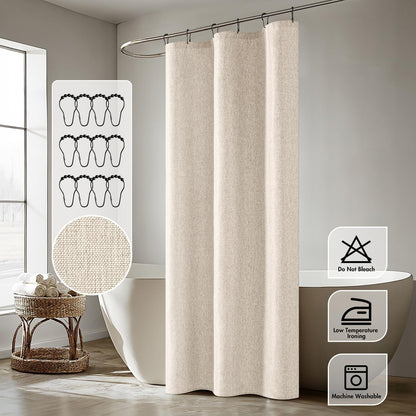 Cream Beige Linen Textured Fabric Shower Curtain Set - W72xL72