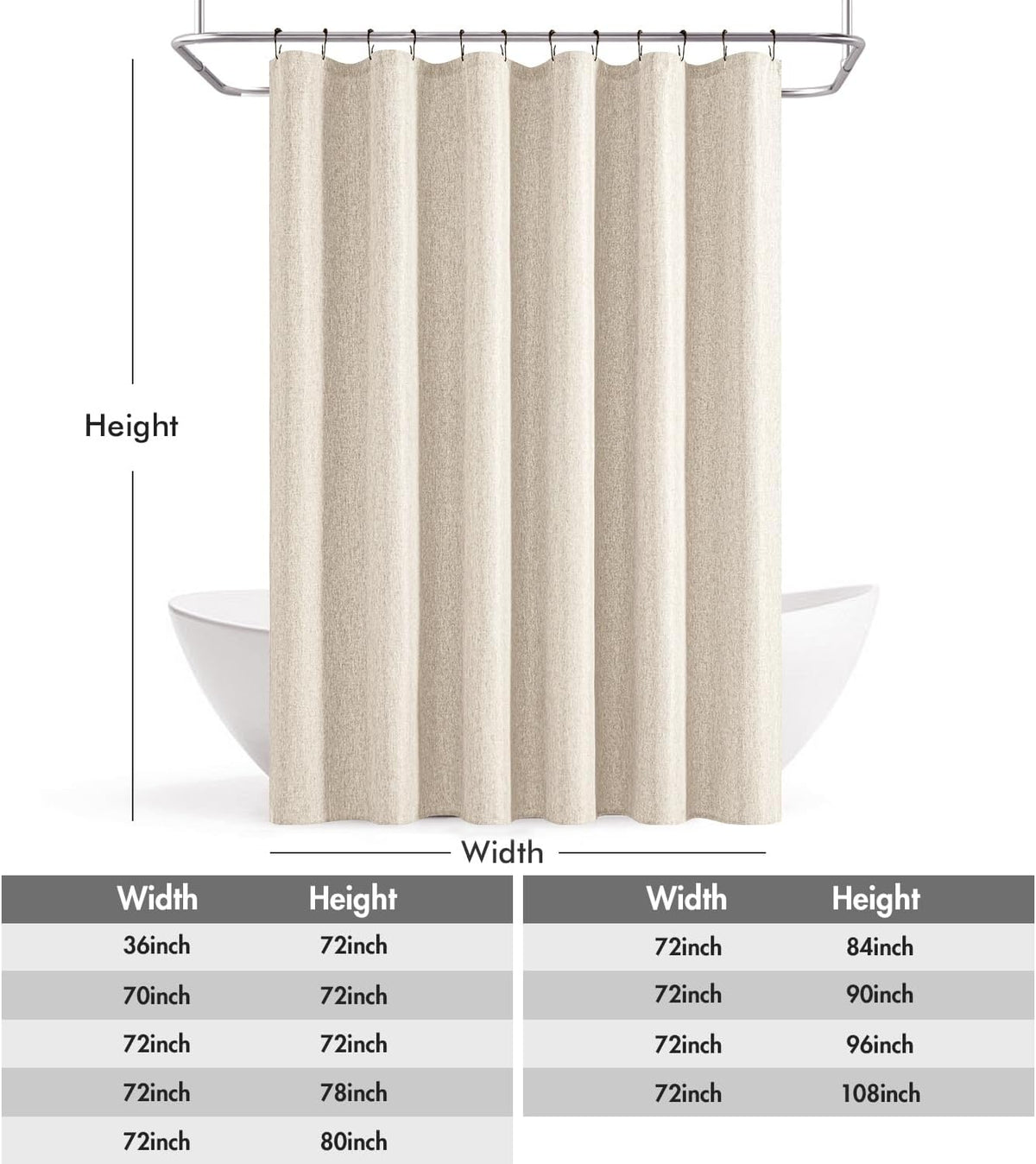 Cream Beige Linen Textured Fabric Shower Curtain Set - W72xL72