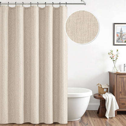 Cream Beige Linen Textured Fabric Shower Curtain Set - W72xL72